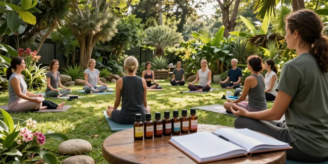 Ministry of Cannabis CBD wellness scene with yoga class and natural hemp products in a tranquil outdoor setting.