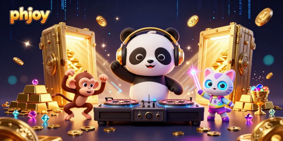 Spin and win with phjoy as a DJ panda leads a vibrant 3D casino party, showcasing riches and fun!