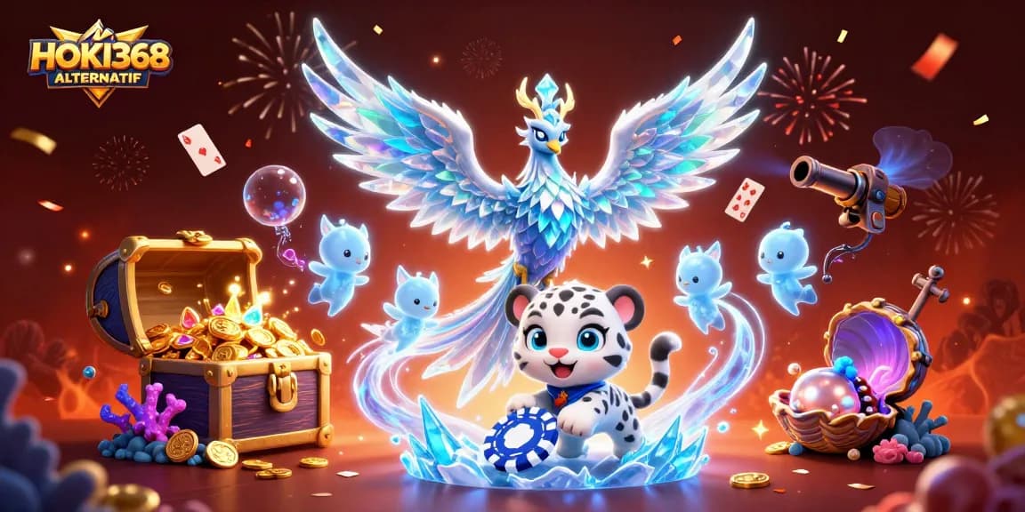 Play engaging games at HOKI368 ALTERNATIF with a vibrant illustration showcasing top casino elements.