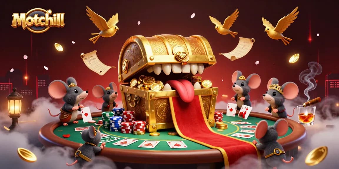 Engage with motchill's thrilling cartoon casino scene featuring treasure and poker action.