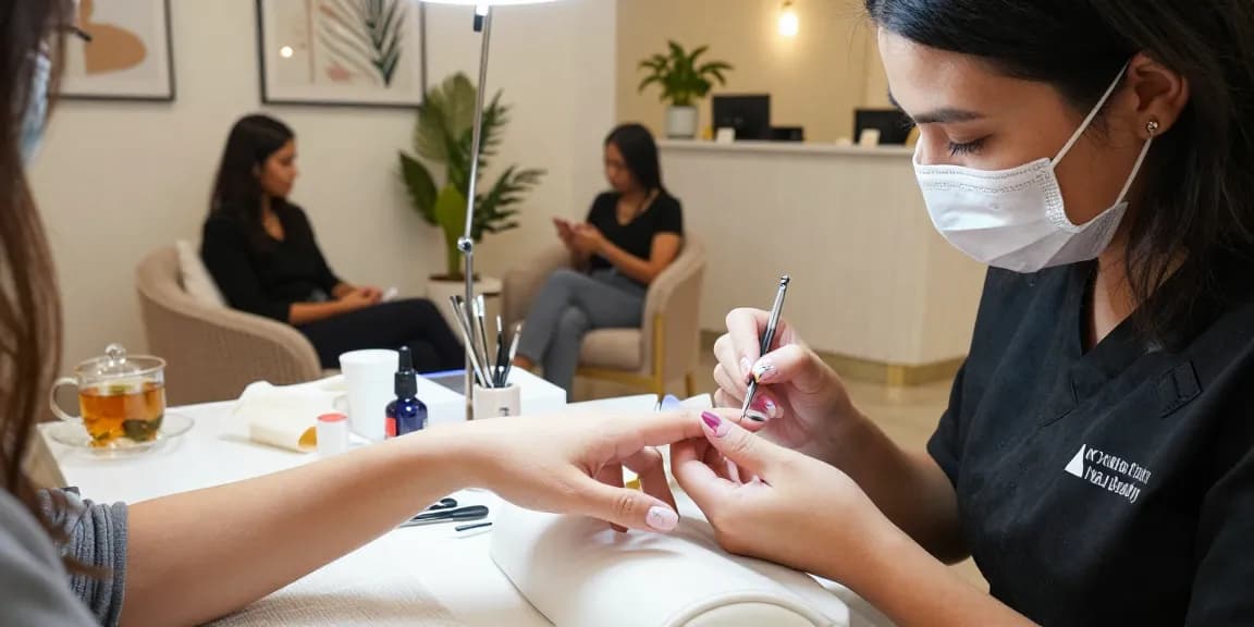 Client receiving a manicure at Paradise Nail Beauty with floral nail art.