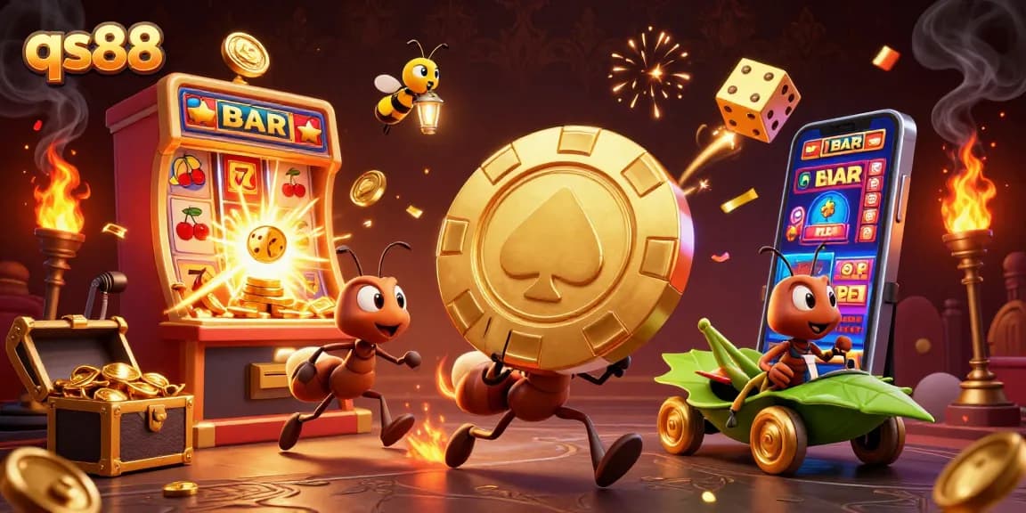 Engage with qs88 by viewing a thrilling heist scene of ants and casino games.
