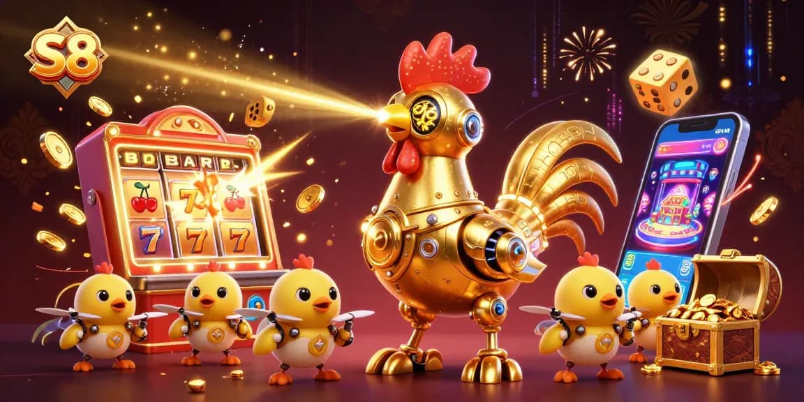 S8 highlights the excitement of casino gaming with a golden rooster robot amidst jackpot symbols and treasures.