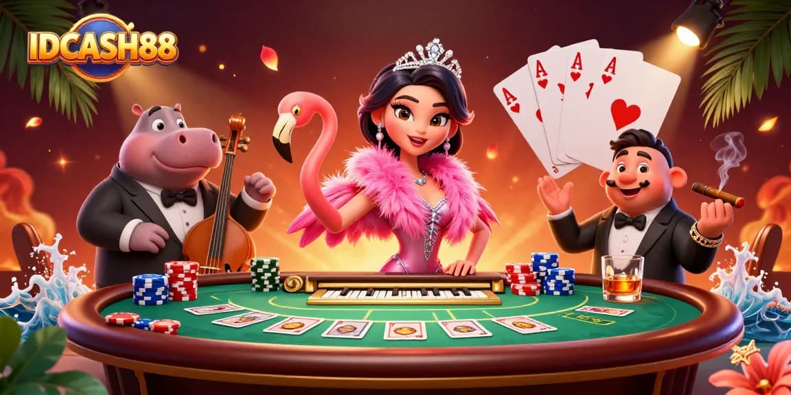 Experience winning vibes at IDCASH88 with a flamingo singer and hippo bassist in a lively casino scene.