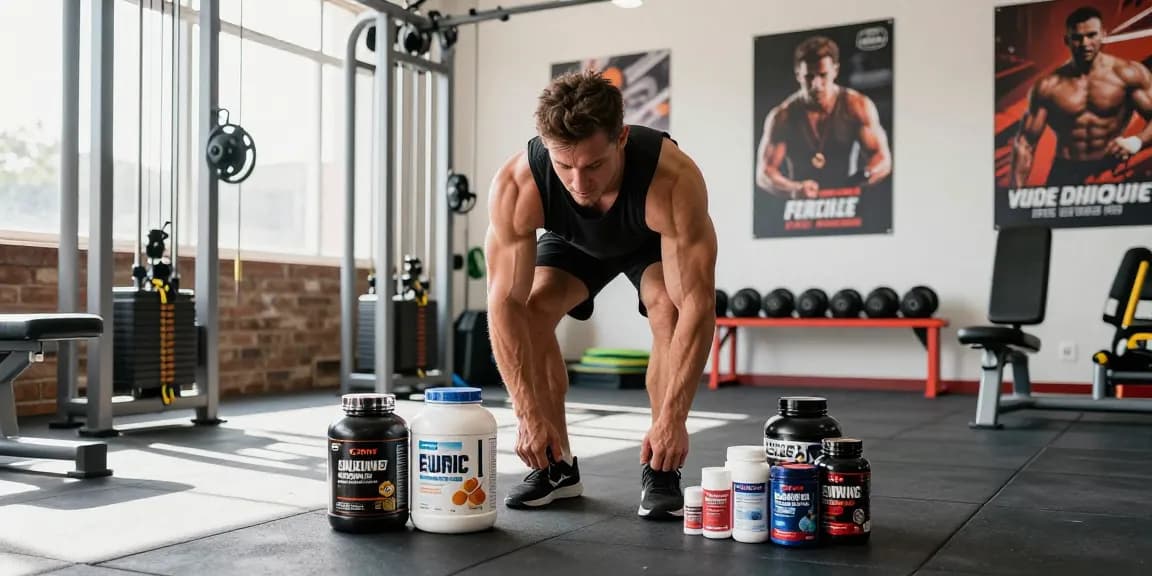 Athlete in Steroide Boutique environment preparing for competition with supplements and gym equipment.