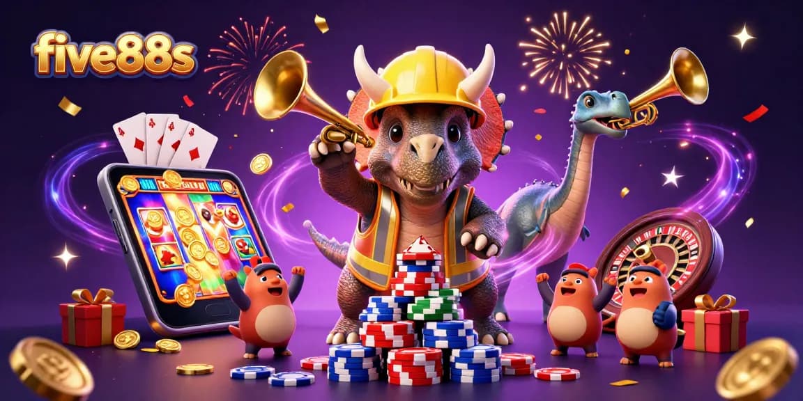 Experience five88s in a vibrant casino scene with a triceratops and a parasaurolophus celebrating gaming victories.