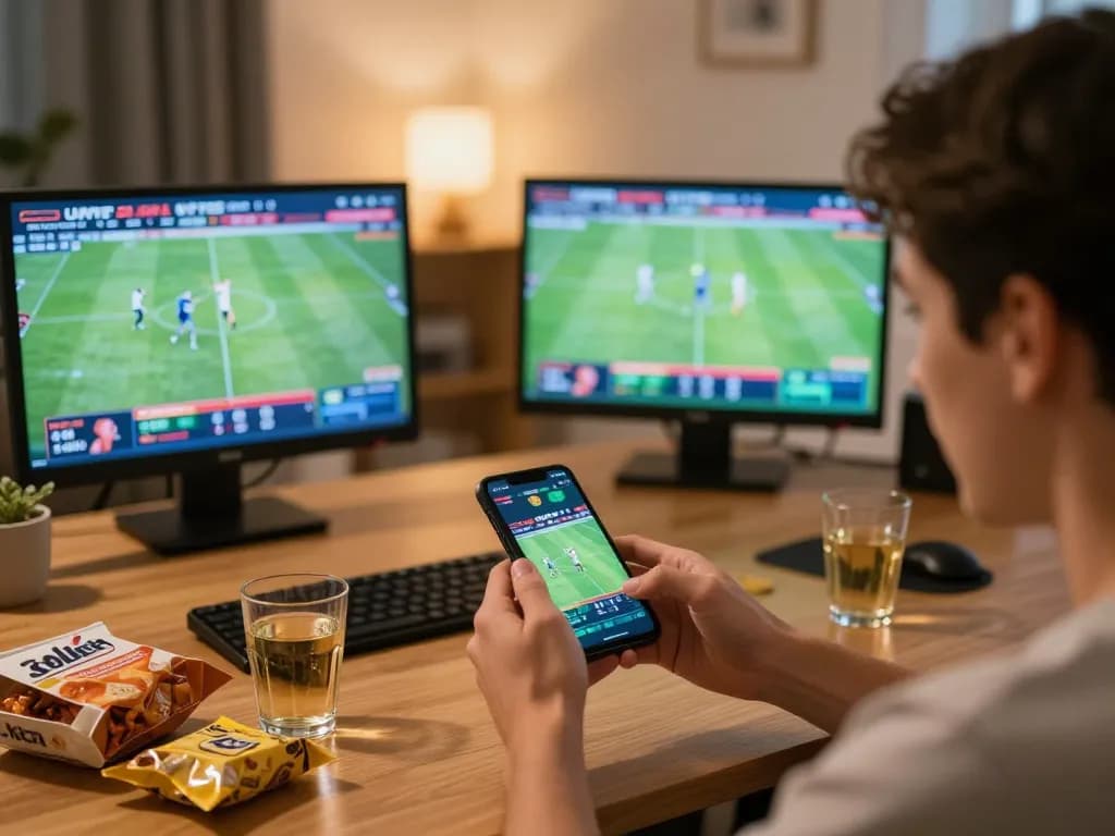 SboBet user placing sports bets on their smartphone at home, showcasing excitement and engagement.