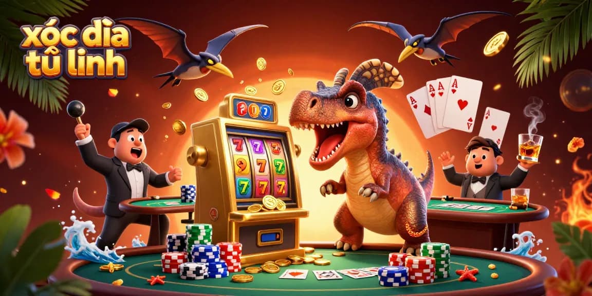 Engaging scene of xóc đĩa tứ linh where a pachycephalosaurus interacts with a jackpot slot machine amidst dynamic casino elements.