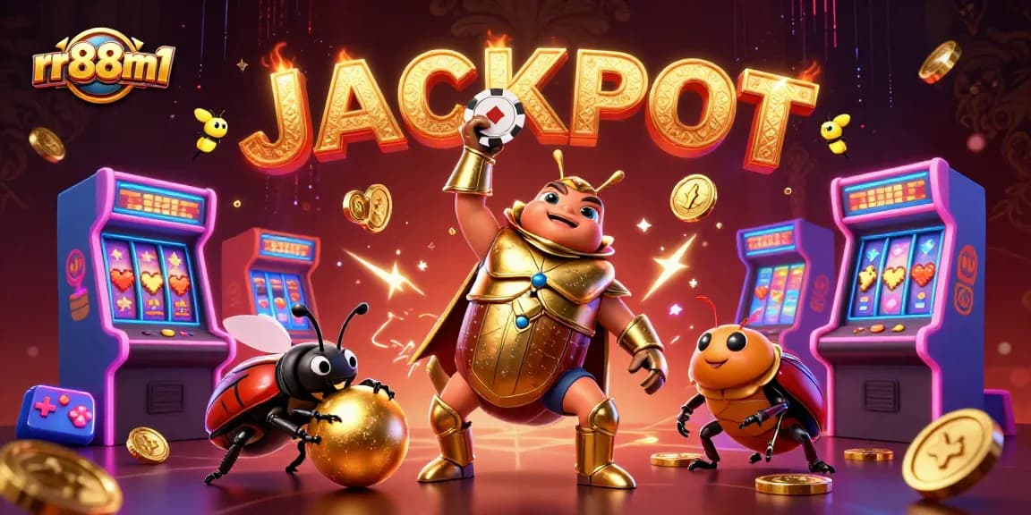 Witness the 3D hercules beetle celebrating a jackpot victory at rr88m1's vibrant gaming scene.