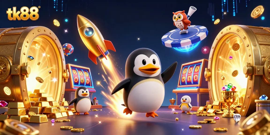 Engage in thrilling gaming action at tk88 with the vibrant penguin rocket and golden treasures.