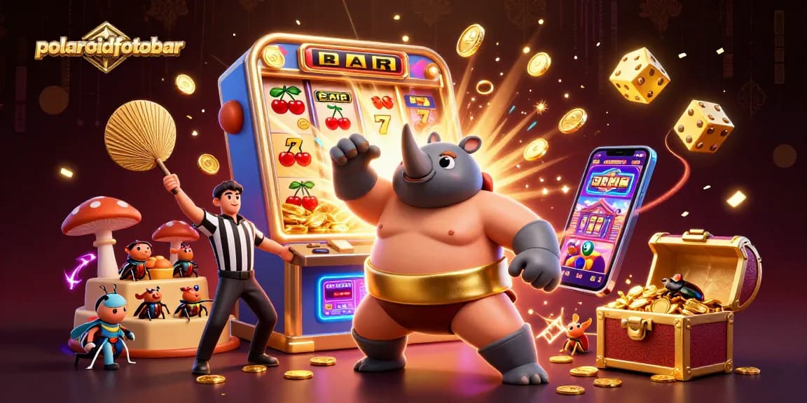 Polaroidfotobar's dynamic illustration of a rhino beetle champion amidst casino elements, showcasing vibrant action.