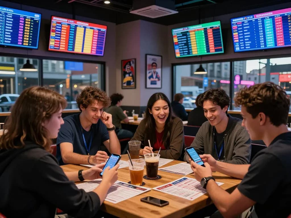 Engaging kèo nhà cái scene in a bustling betting lounge with friends checking odds.