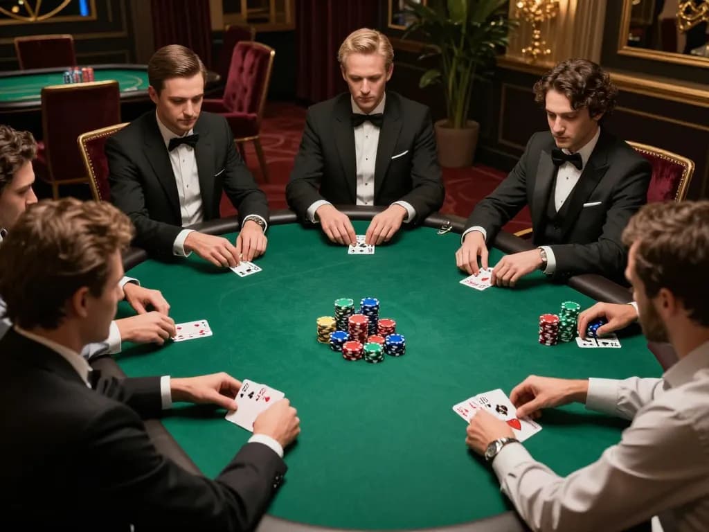 Players strategizing and placing bets at the casino mb66 poker table in a luxurious setting.