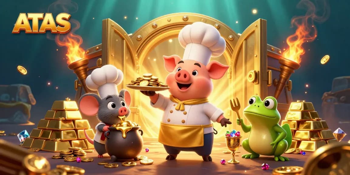 ATAS casino scene with characters celebrating gold winnings and vibrant casino elements.