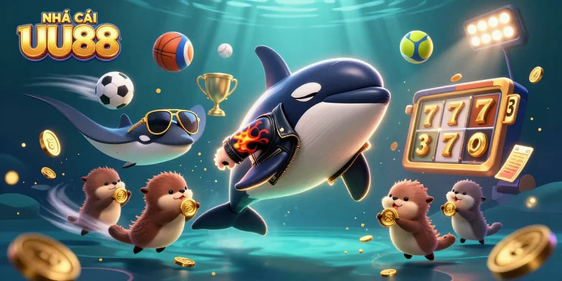 Experience the excitement at NHÀ CÁI UU88 with dynamic characters in a thrilling casino scene.