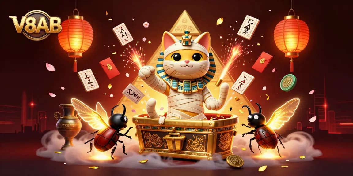 Experience the exciting V8AB gaming atmosphere with a mummy cat and scarab beetle in a dynamic casino scene.