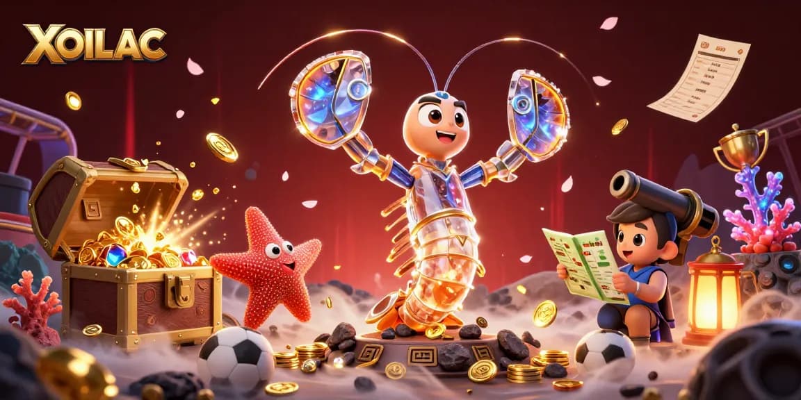 Engage with XOILAC's vibrant sports betting scene featuring animated cosmic characters, lively game elements, and radiant treasures.