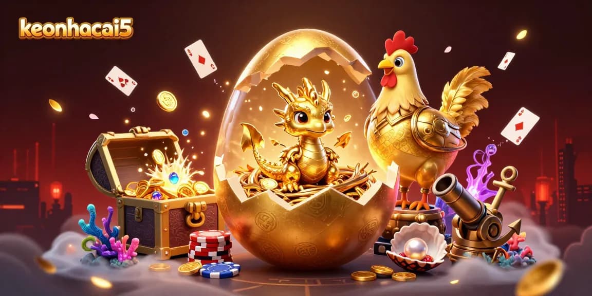 Experience the thrill of keonhacai5 with a golden baby dragon and poker chips amidst rich casino elements.