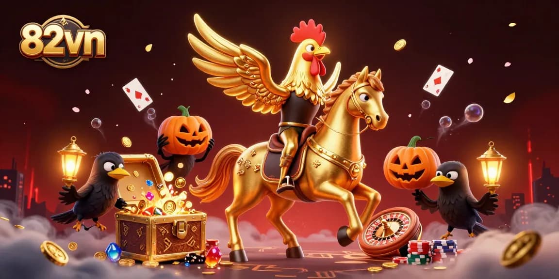 Experience the excitement at 82vn, where a golden rooster gallops through a vibrant casino scene filled with games and treasures.
