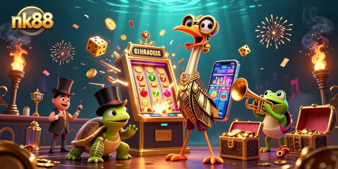 Spin and win at nk88 with a vibrant casino scene featuring slot machines and cartoon characters.