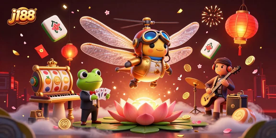 Experience the vibrant energy of j188 with a dynamic casino scene featuring delightful characters and rich visuals.