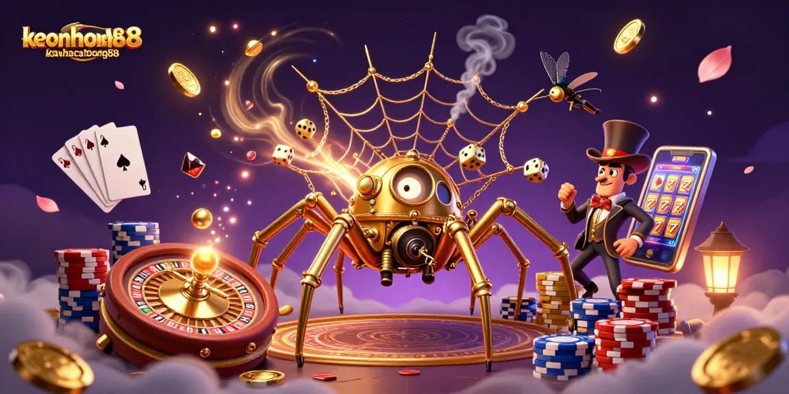 Spin and win with keonhacaibong88 in a vibrant 3D casino scene showcasing steampunk and gambling elements.