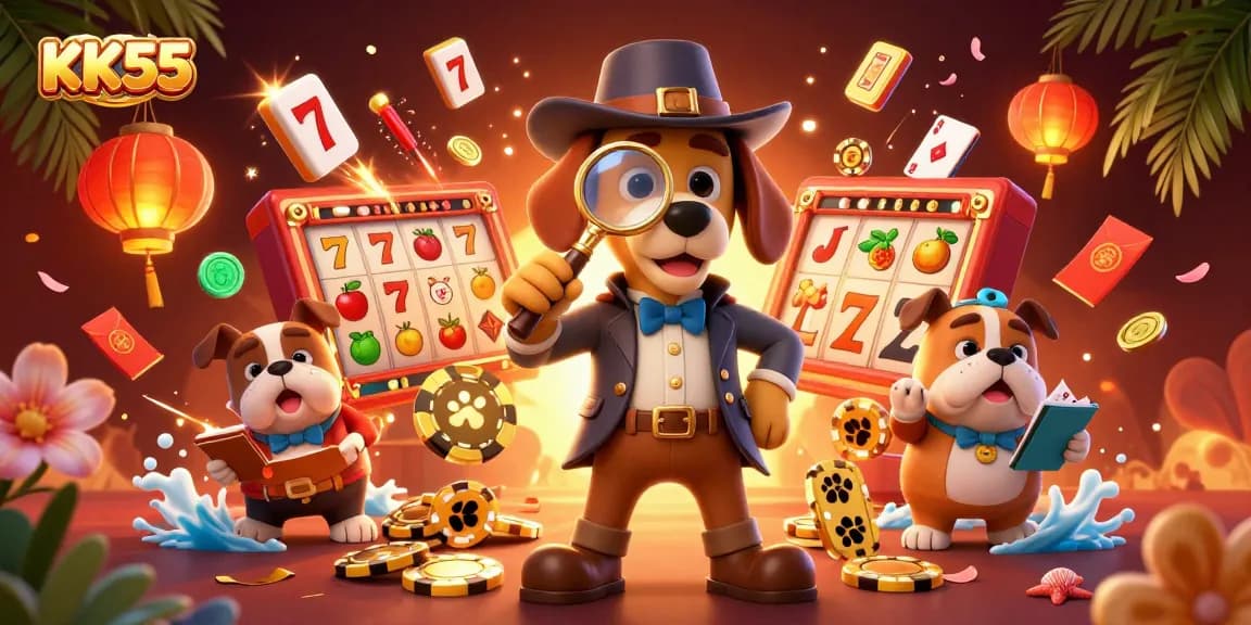 Experience thrilling action at KK55 with a detective unveiling poker chip clues among vibrant casino elements.