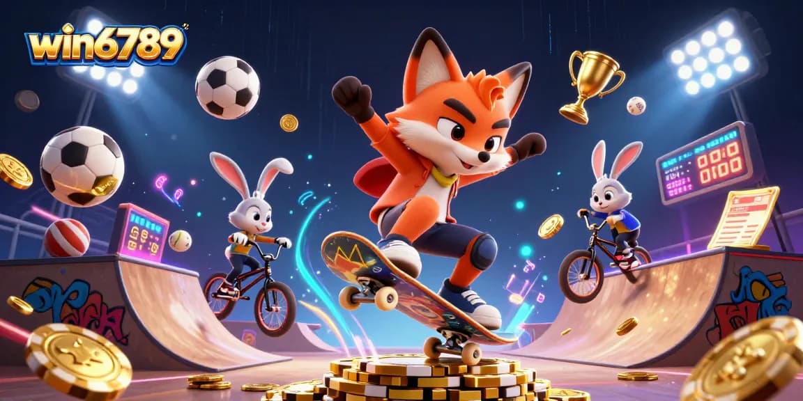 Place bets with win6789 while enjoying a vibrant 3D casino-themed scene featuring lively characters and casino elements.