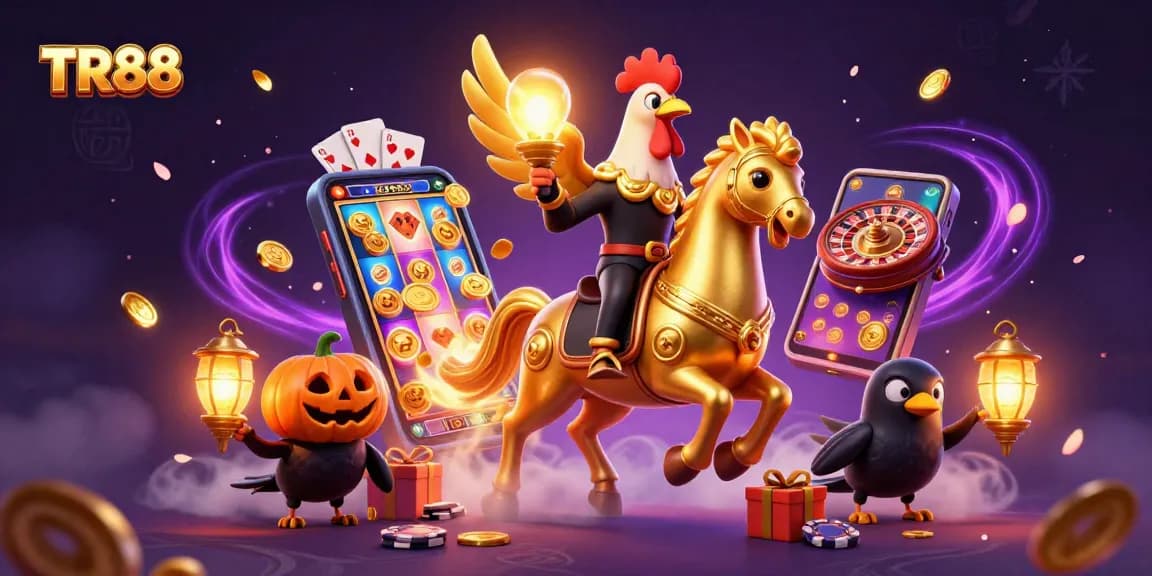 Experience thrilling gaming at TR88 with a 3D illustration featuring vibrant casino activities and characters.