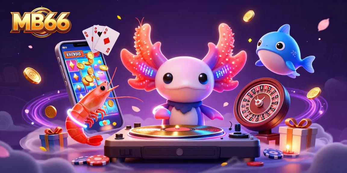 Experience MB66's vibrant casino scene with a neon axolotl DJ and dazzling game elements.