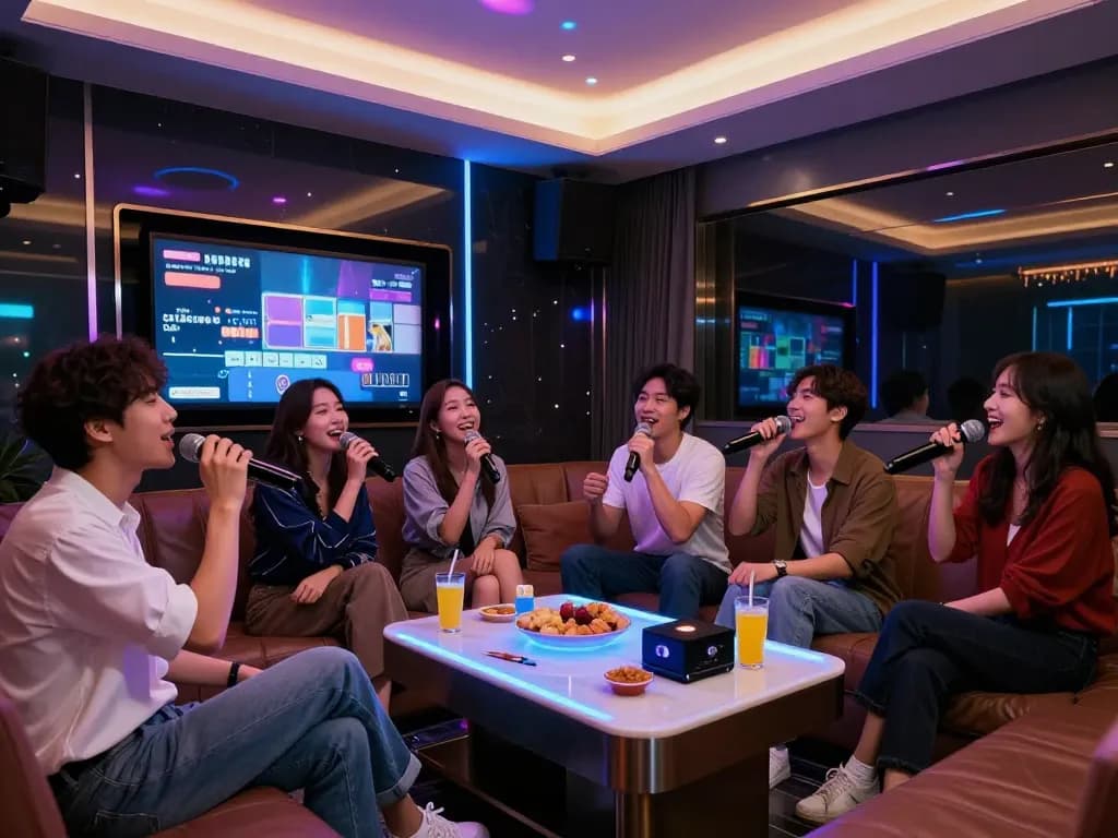 gangnamtune.com/perfect에서의 노래방, 현대적이고 고급스러운 환경에서 친구들이 즐겁게 노래 부르고 있는 모습과 생동감 넘치는 조명, 고급 오디오가 함께합니다.