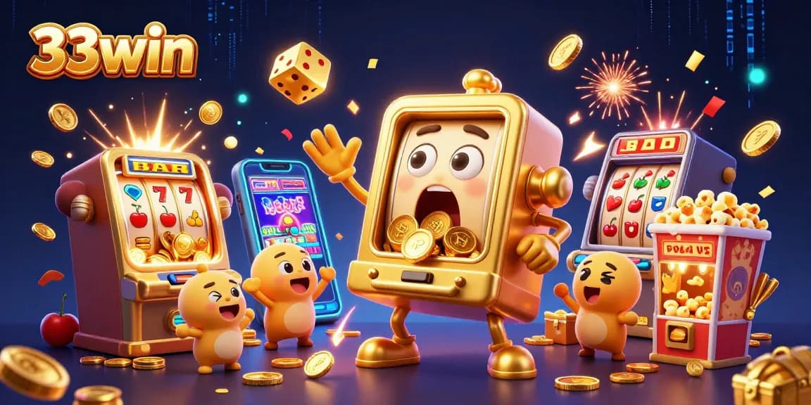 33win features an energetic scene with a joyful golden slot machine celebrating a jackpot amidst a festive casino atmosphere.