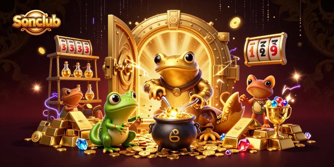 Engage with sonclub's vibrant gaming universe featuring a golden salamander in a magical lab.