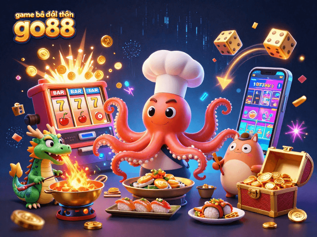 Experience the excitement of game bài đổi thưởng go88 with a vibrant 3D casino scene featuring unique characters and elements.