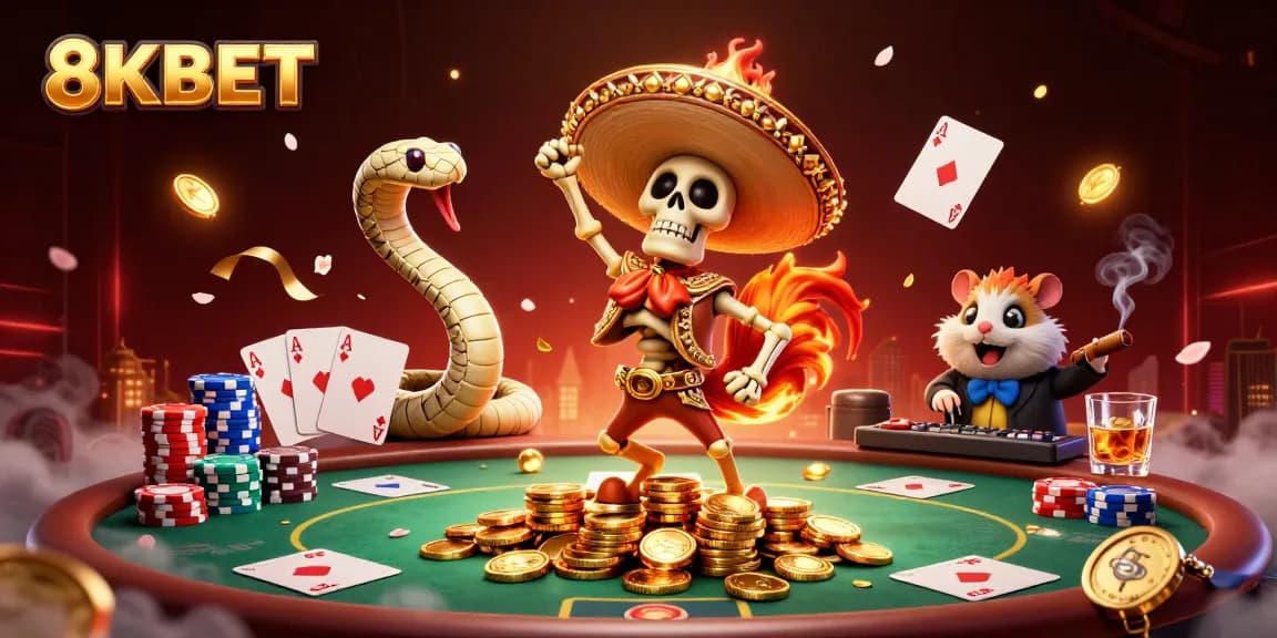 8KBET casino characters celebrate wins amidst gold coins, poker elements, vibrant artistic scene