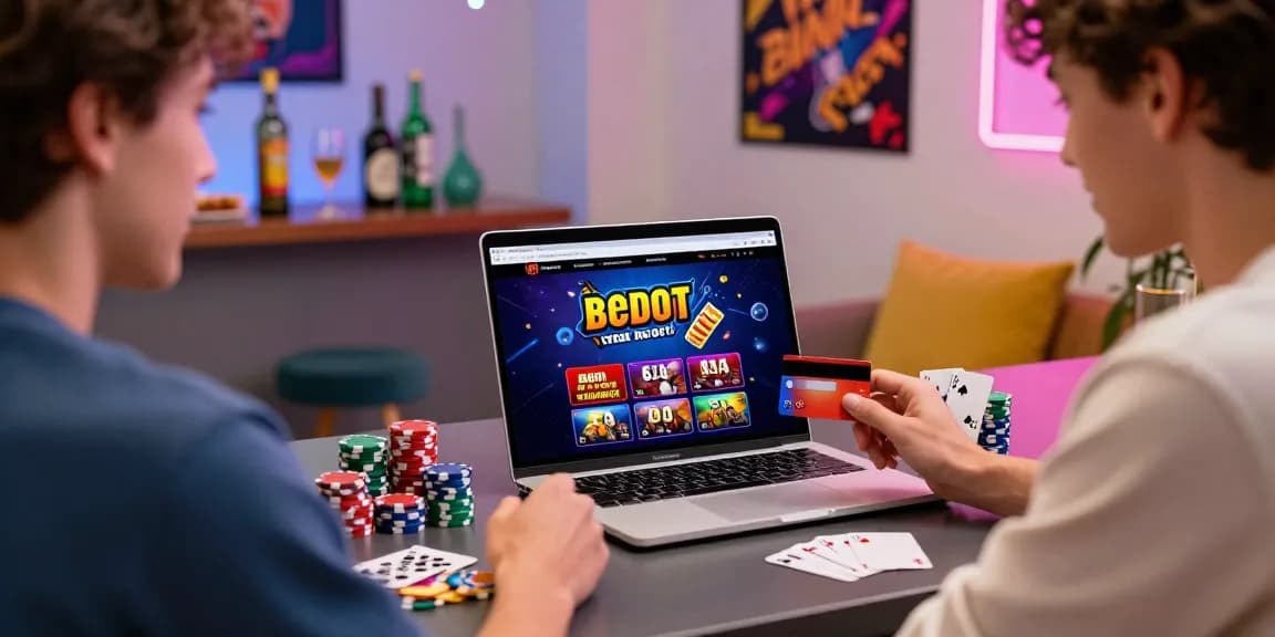 Exciting credit card casinos scene featuring a player engaged with online casino gaming at home, showcasing vibrant decor and gaming elements.