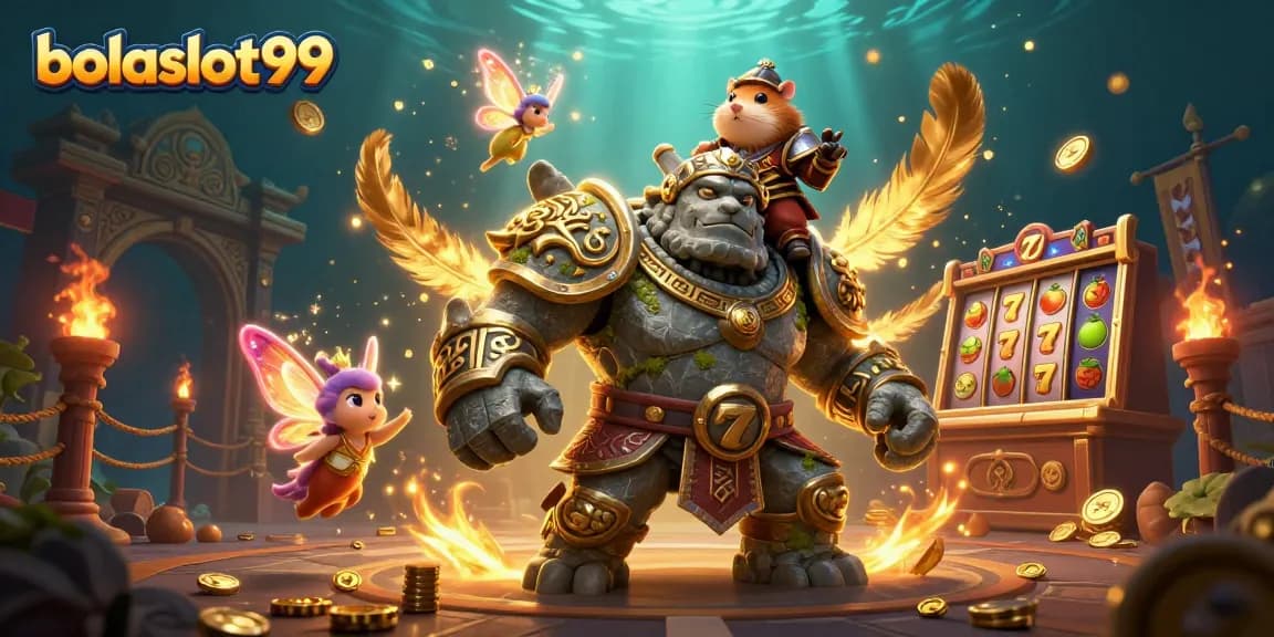 Engage with bolaslot99's vibrant slots scene featuring a golem, fairy, and hamster knight.