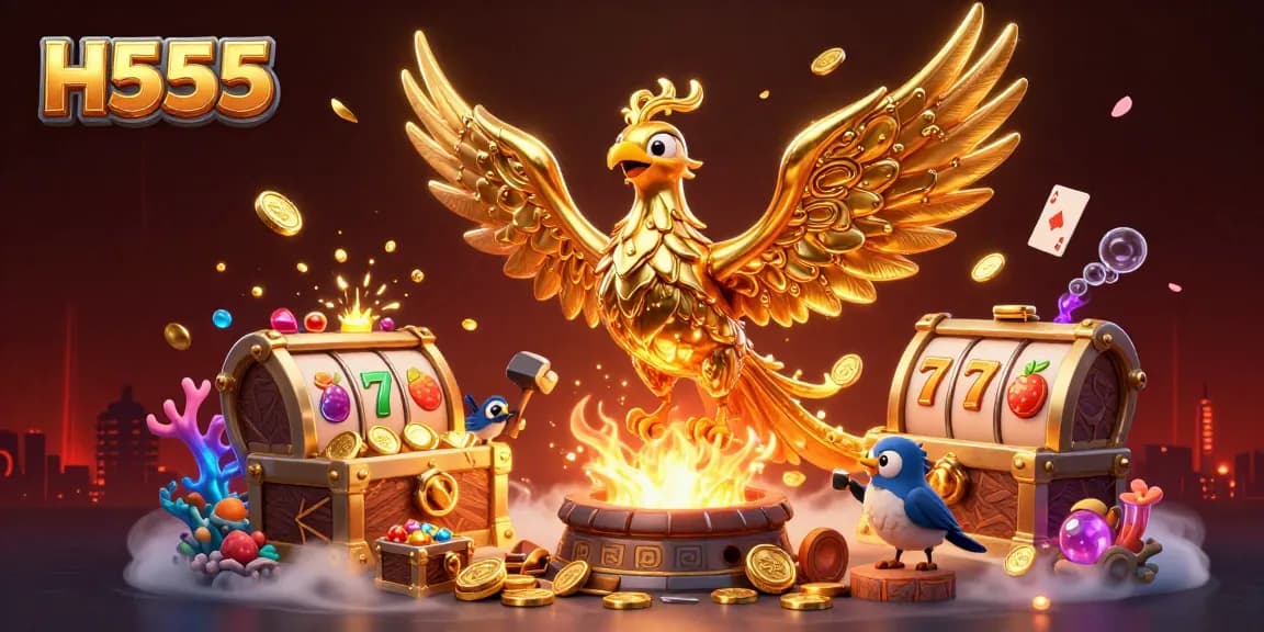 Experience the thrill of H555 with a golden phoenix, slots, and treasure in a vibrant casino scene.