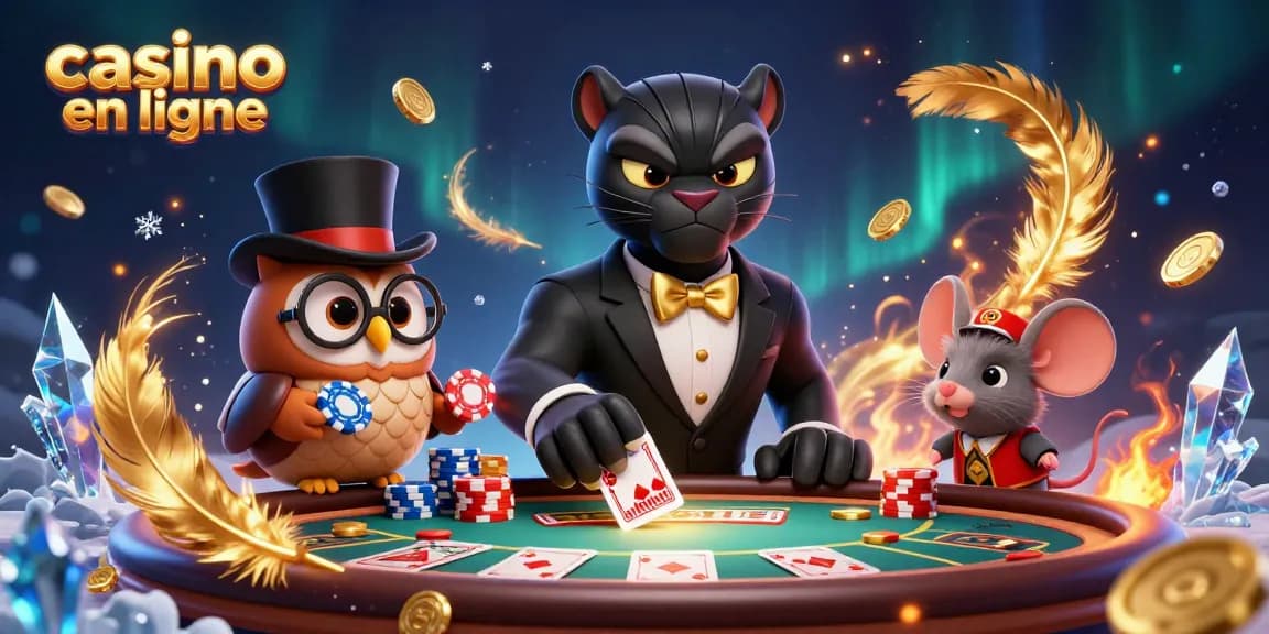 Illustration captivante du casino en ligne avec une panthère en smoking, une chouette et une souris.