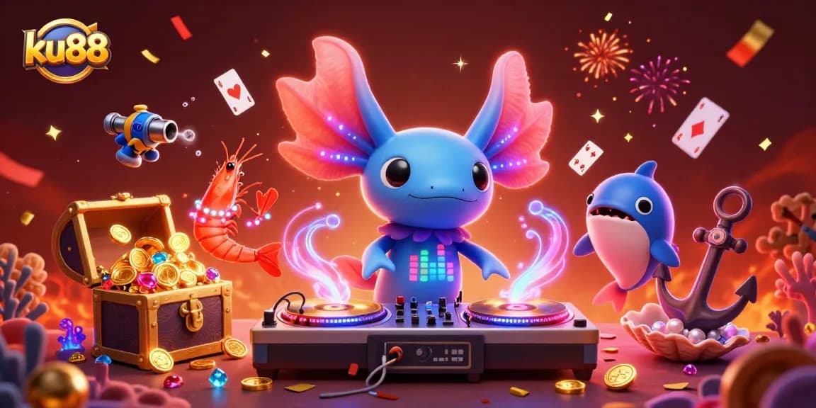 Experience excitement with ku88, where a neon axolotl DJ spins gold records amidst underwater treasures.