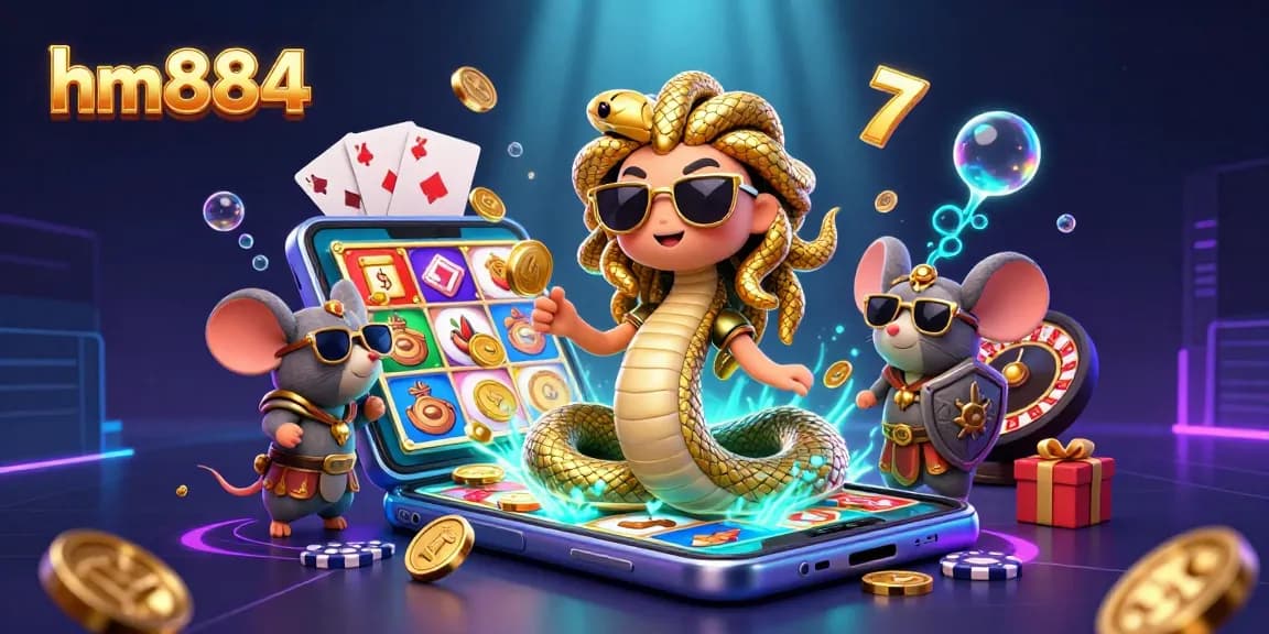 Spin lucrative slots with hm884 in a vibrant casino scene filled with Medusa and gaming elements.