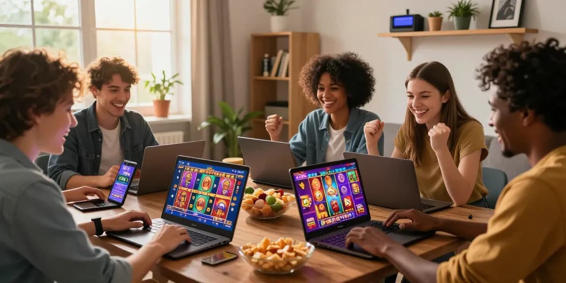 Friends enjoying slot depo 5k games in a cozy living room.