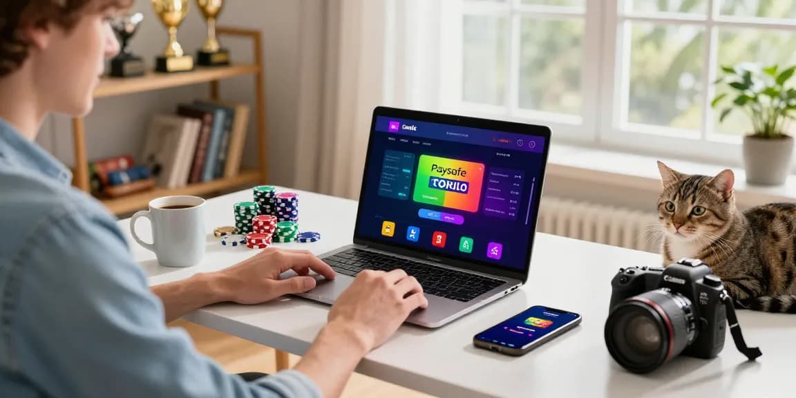 Fesselnde Paysafe Card Casino-Szene mit modernem Homeoffice-Setup und lebendiger Spielatmosphäre.