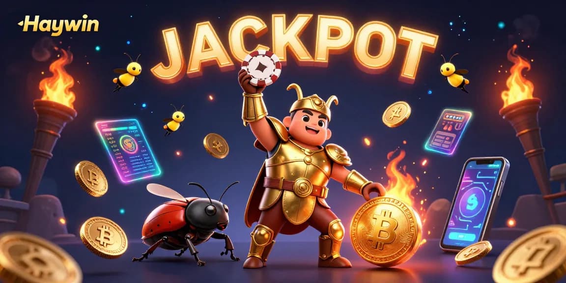 Experience thrilling gameplay at Haywin with a victorious gladiator beetle lifting a poker chip.