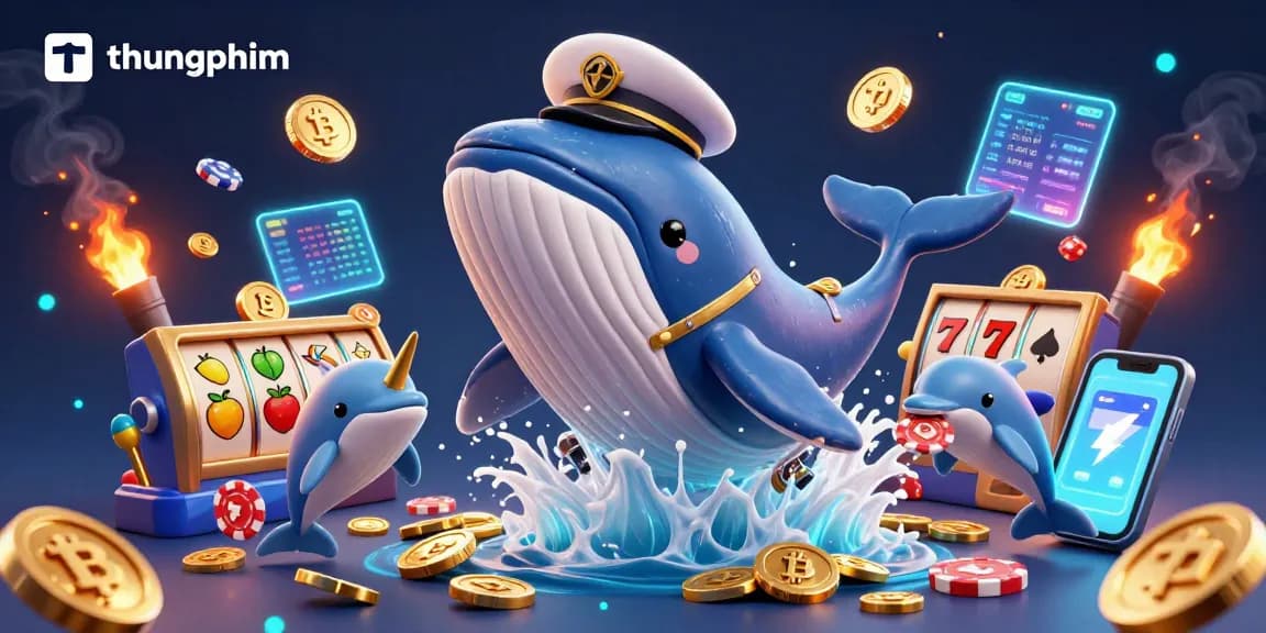 Engage with thungphim's vibrant scene of a cartoon whale amidst slot reels and golden coins.