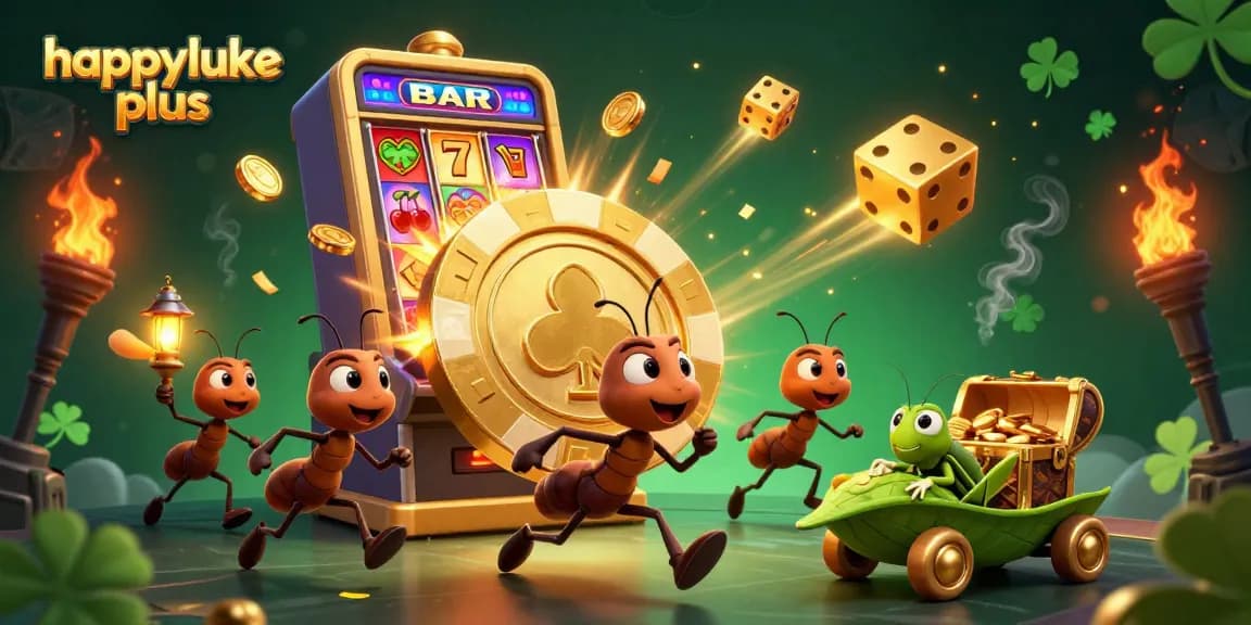 Engage with happyluke plus in this action-packed illustration featuring animated characters on a thrilling adventure through a vibrant casino scene.