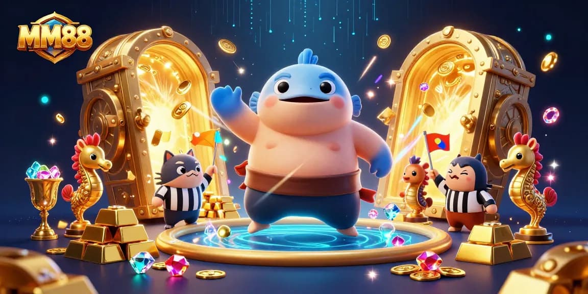 Witness MM88's thrilling underwater casino scene featuring a giant fugu and wise catfish amidst treasure.