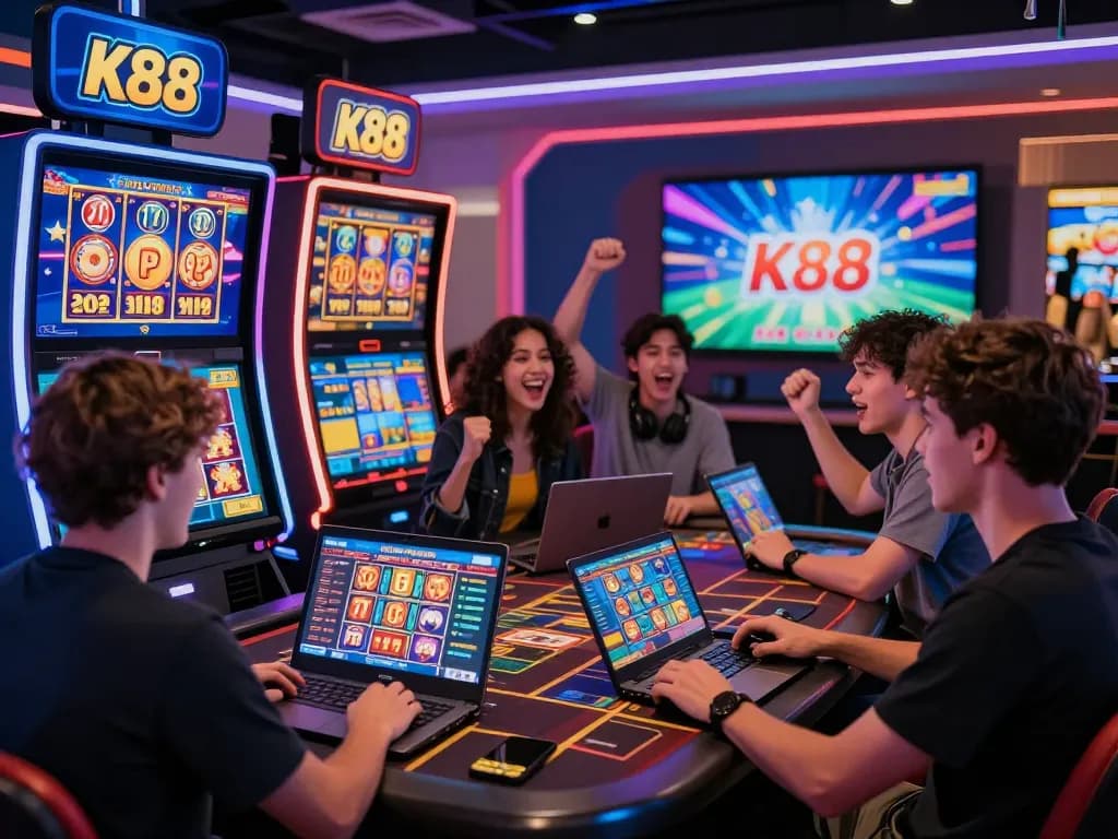 Players engaging with the nhà cái k88 platform, celebrating wins in a vibrant gaming atmosphere.