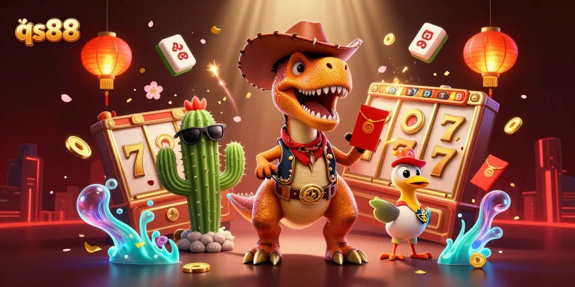 Engage with qs88 casino gaming featuring a dynamic T-Rex, cactus, and roadrunner amidst dazzling slot reels.