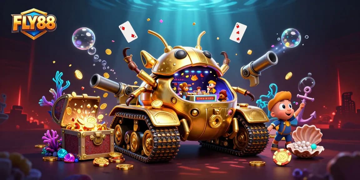 Engage with FLY88's thrilling casino experience featuring a golden beetle tank and vibrant games.